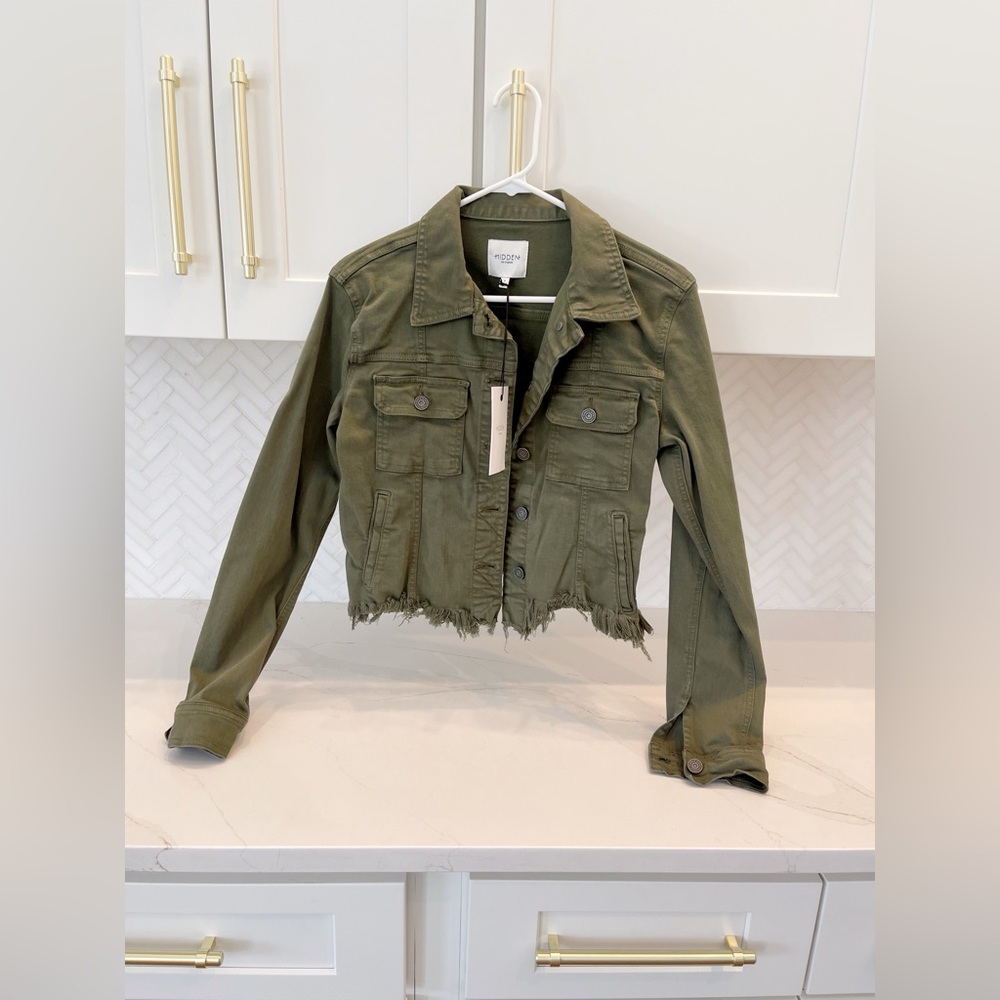 HIDDEN Olive Green Cropped Utility Jacket with Distressed Hem